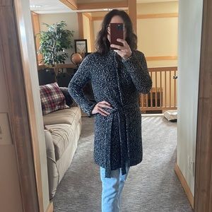 Theory alpaca/wool cardigan in euc, no pilling. Snap closure and belted tie